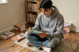 Jeune homme lisant One Piece en ligne sur une tablette dans un appartement cosy entouré de mangas