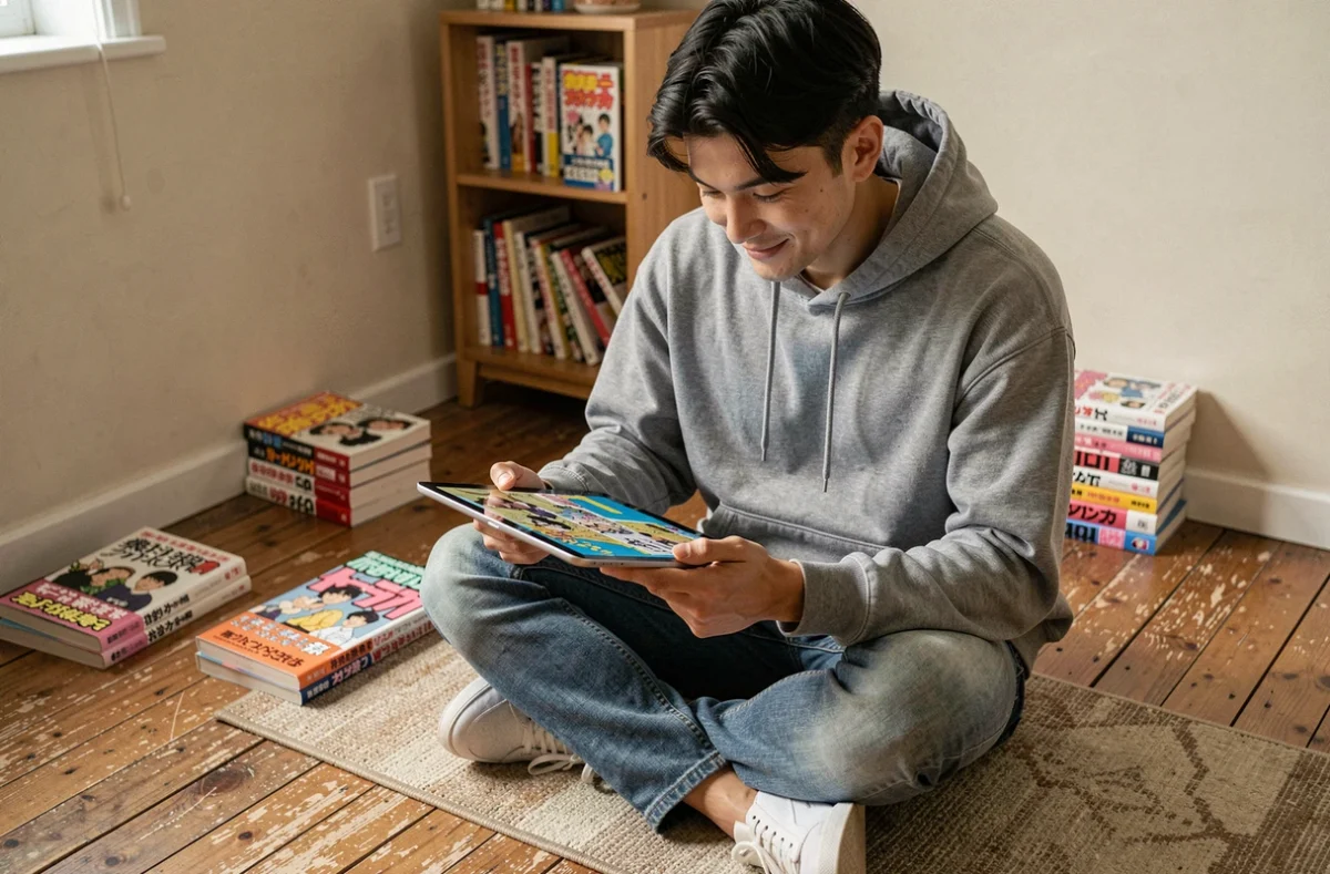Jeune homme lisant One Piece en ligne sur une tablette dans un appartement cosy entouré de mangas