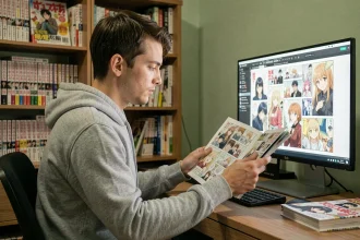 Jeune homme lisant des scans de manga sur un écran d'ordinateur dans un bureau à domicile entouré de volumes manga
