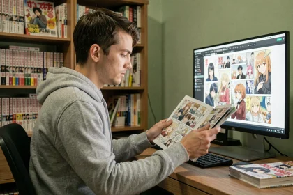 Jeune homme lisant des scans de manga sur un écran d'ordinateur dans un bureau à domicile entouré de volumes manga