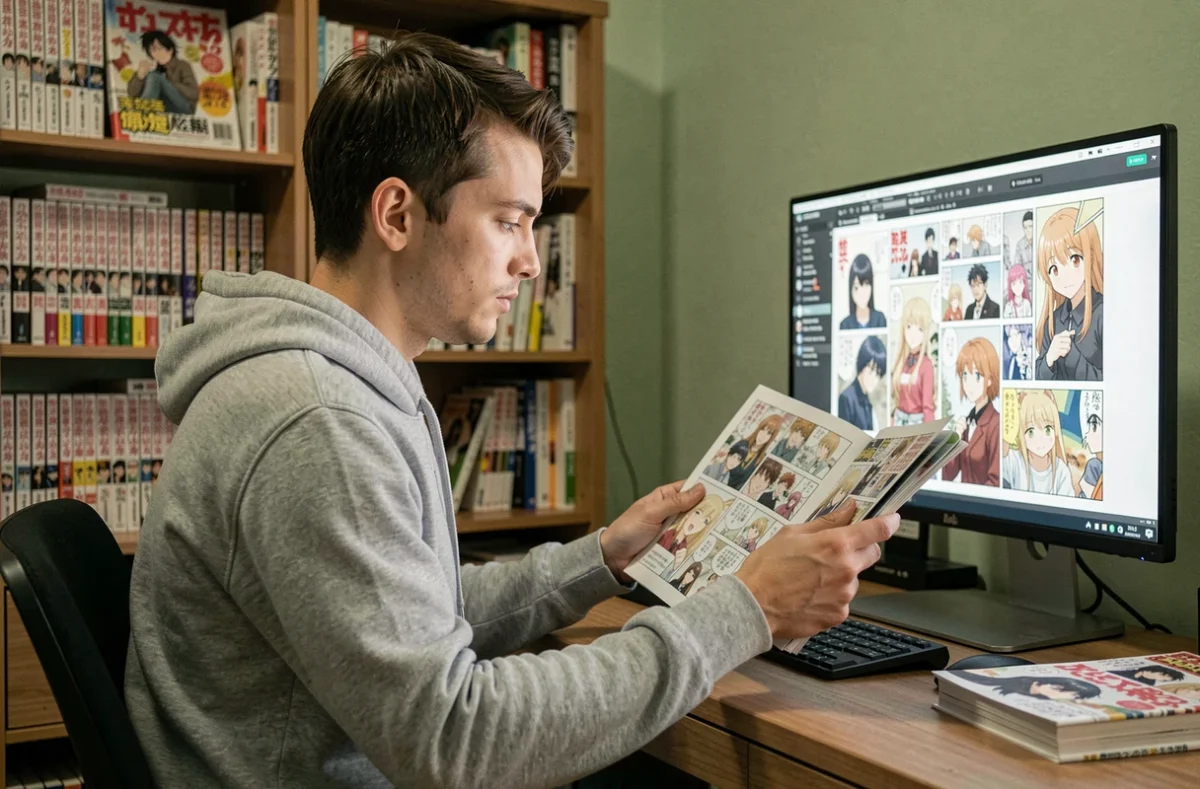 Jeune homme lisant des scans de manga sur un écran d'ordinateur dans un bureau à domicile entouré de volumes manga