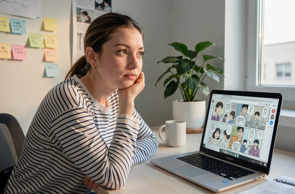 Jeune femme lisant un manga One Piece sur ordinateur portable à son bureau d'étudiant