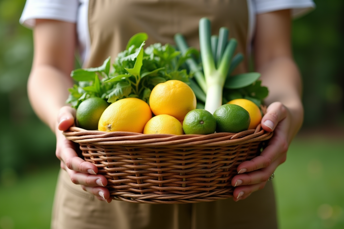 Mains tenant un panier de legumes et fruits verts