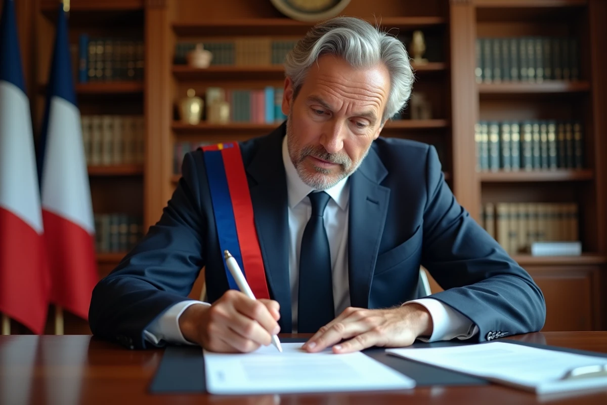 Le maire en costume avec écharpe tricolore dans son bureau