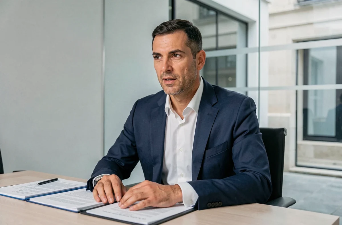 Maître Abderrahim Chninif, avocat dans les Pyrénées-Orientales, à une table de réunion avec des documents juridiques