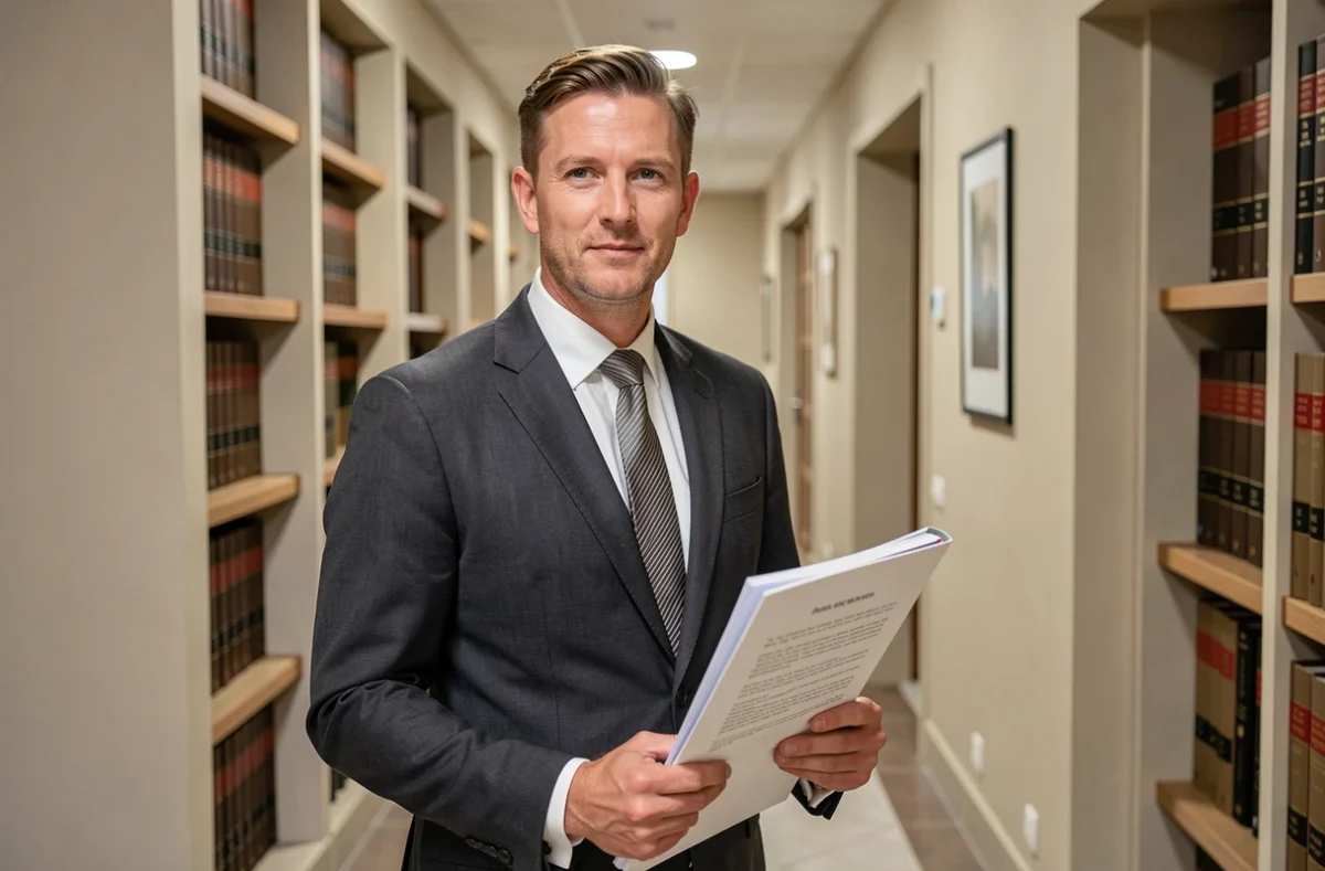 Maître David Dupetit, avocat dans les Pyrénées-Orientales, debout dans le couloir de son cabinet avec un dossier