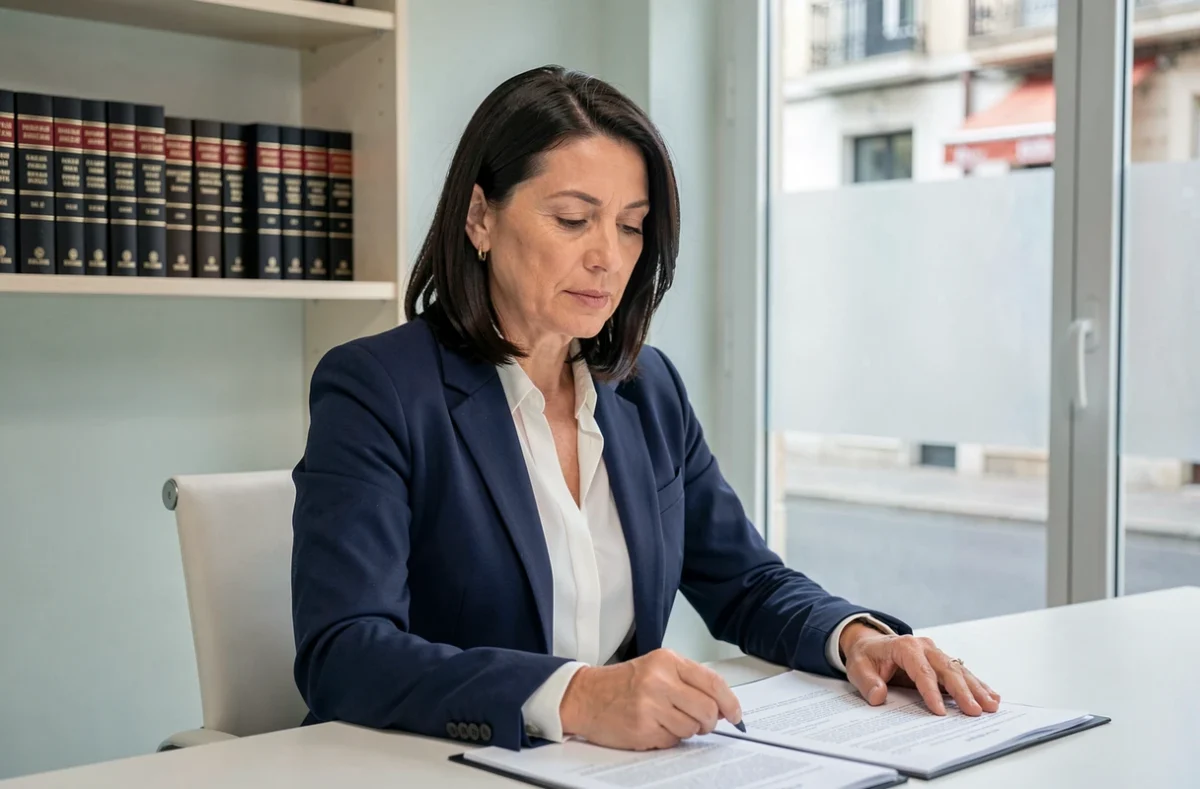 Maître Déborah Fayant, avocate dans les Pyrénées-Orientales, assise à son bureau en train de consulter des documents juridiques