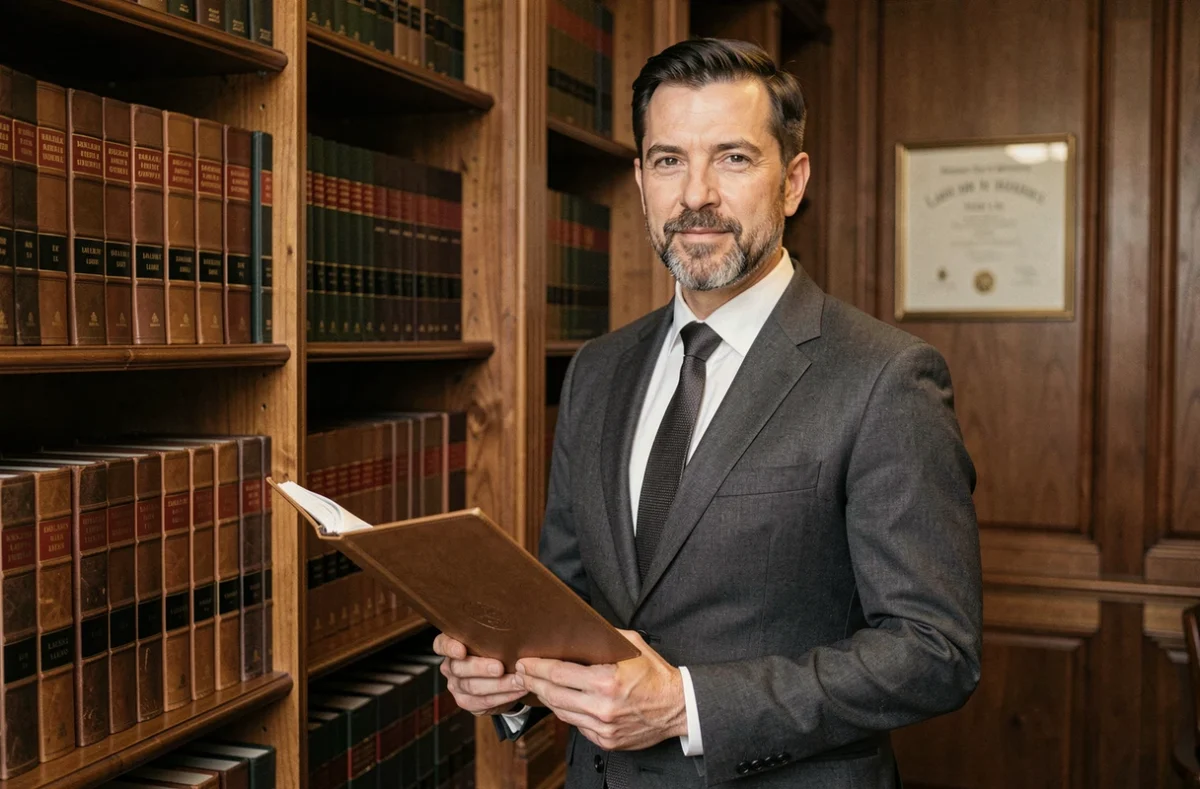 Maître Eric Koy, avocat dans les Pyrénées-Orientales, debout devant une bibliothèque juridique dans son cabinet