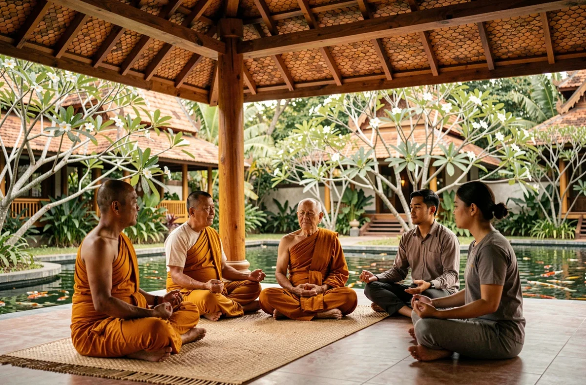 Maître de méditation thaïlandais enseignant la vipassana à un groupe de pratiquants dans un sala en plein air, centre de retraite en Thaïlande.