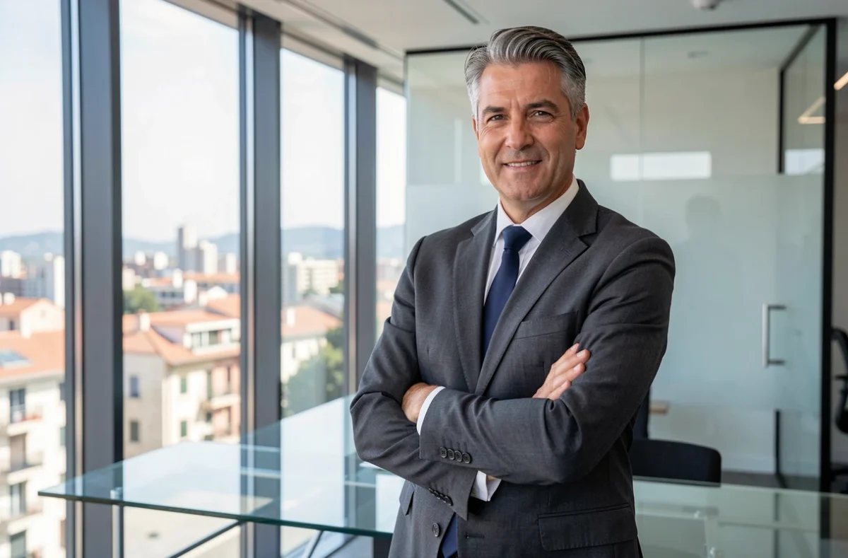 Maître Philippe Dalmau, avocat dans les Pyrénées-Orientales, debout près d'une fenêtre avec vue sur Perpignan
