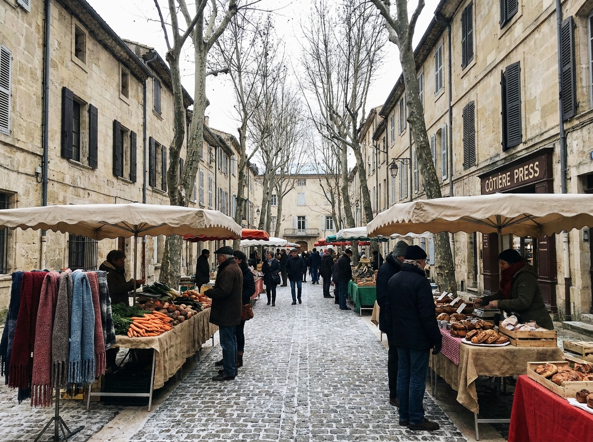 Marché hivernal animé dans une rue commerçante de la Côtière avec étals de produits locaux de saison