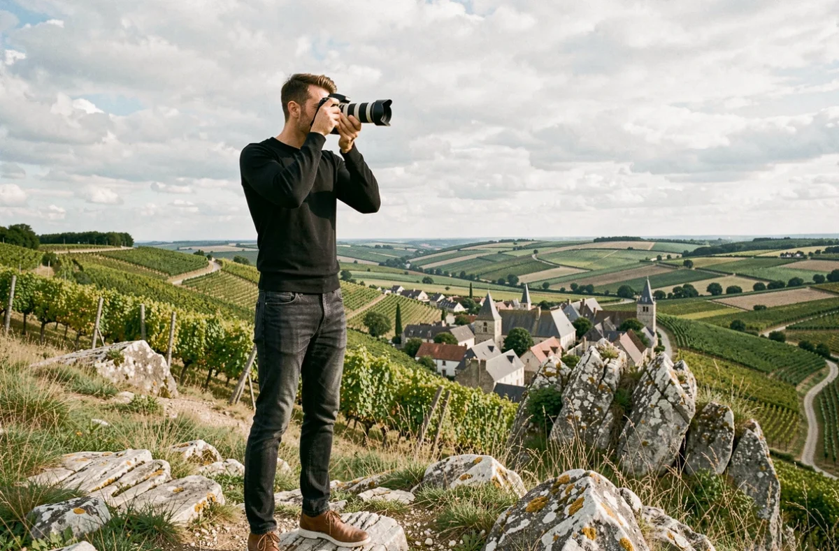 Maxime Grossier photographiant le paysage viticole de la Côte-d'Or depuis une colline rocailleuse avec un village médiéval en contrebas