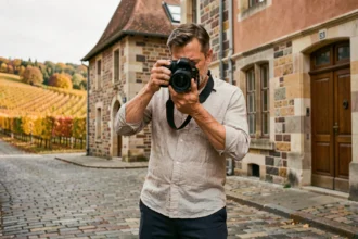 Photographe professionnel ajustant son appareil photo devant un bâtiment en pierre typique de la Côte-d'Or, avec des vignobles en arrière-plan