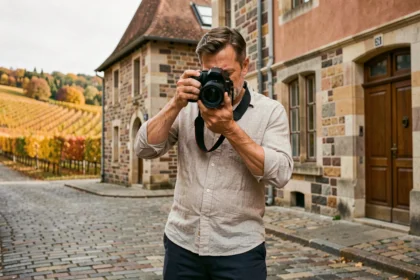 Photographe professionnel ajustant son appareil photo devant un bâtiment en pierre typique de la Côte-d'Or, avec des vignobles en arrière-plan
