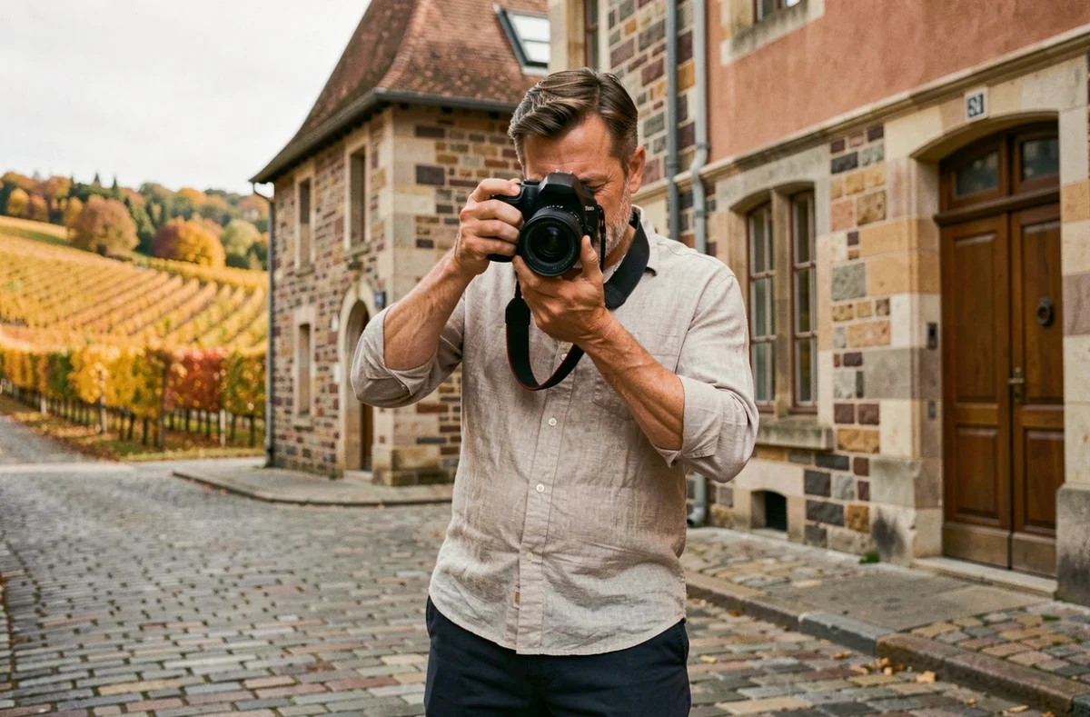 Photographe professionnel ajustant son appareil photo devant un bâtiment en pierre typique de la Côte-d'Or, avec des vignobles en arrière-plan