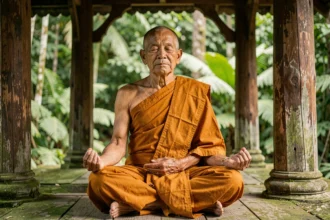 Moine bouddhiste thaïlandais âgé en méditation vipassana dans un monastère forestier, robe safran, posture du lotus, atmopshère contemplative.