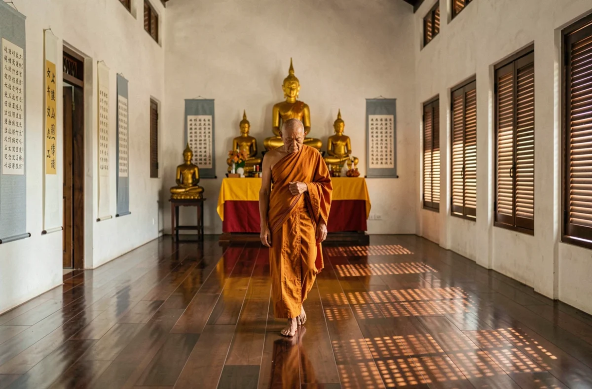 Moine bouddhiste pratiquant la marche méditative kinhin dans une salle de méditation traditionnelle thaïlandaise avec autel doré et parquet en teck.