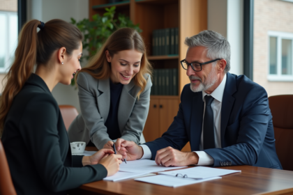 Notaire en costume expliquant des documents à un couple dans un bureau moderne