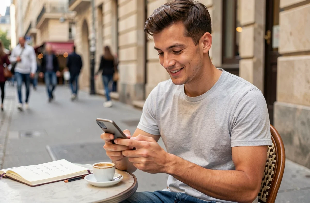 Jeune homme consultant une application de planification de vacances en terrasse pour optimiser ses ponts 2026