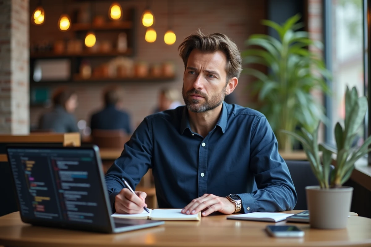 Homme utilisant un outil sémantique sur ordinateur portable dans un café moderne pour améliorer son français