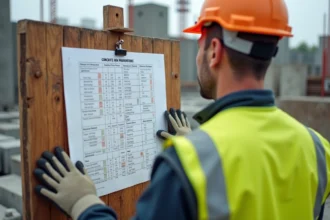 Ouvrier de construction avec casque et gilet réfléchissant étudie un plan