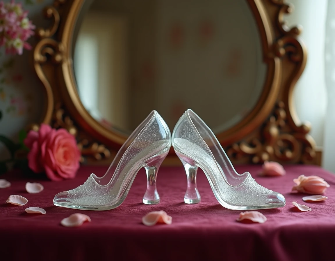 Deux pantoufles de verre côte à côte sur une coiffeuse baroque représentant les différences entre la version de Perrault et l'adaptation Disney de Cendrillon