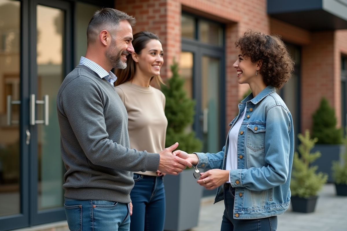 Homme remet les clés à un jeune couple devant un immeuble résidentiel