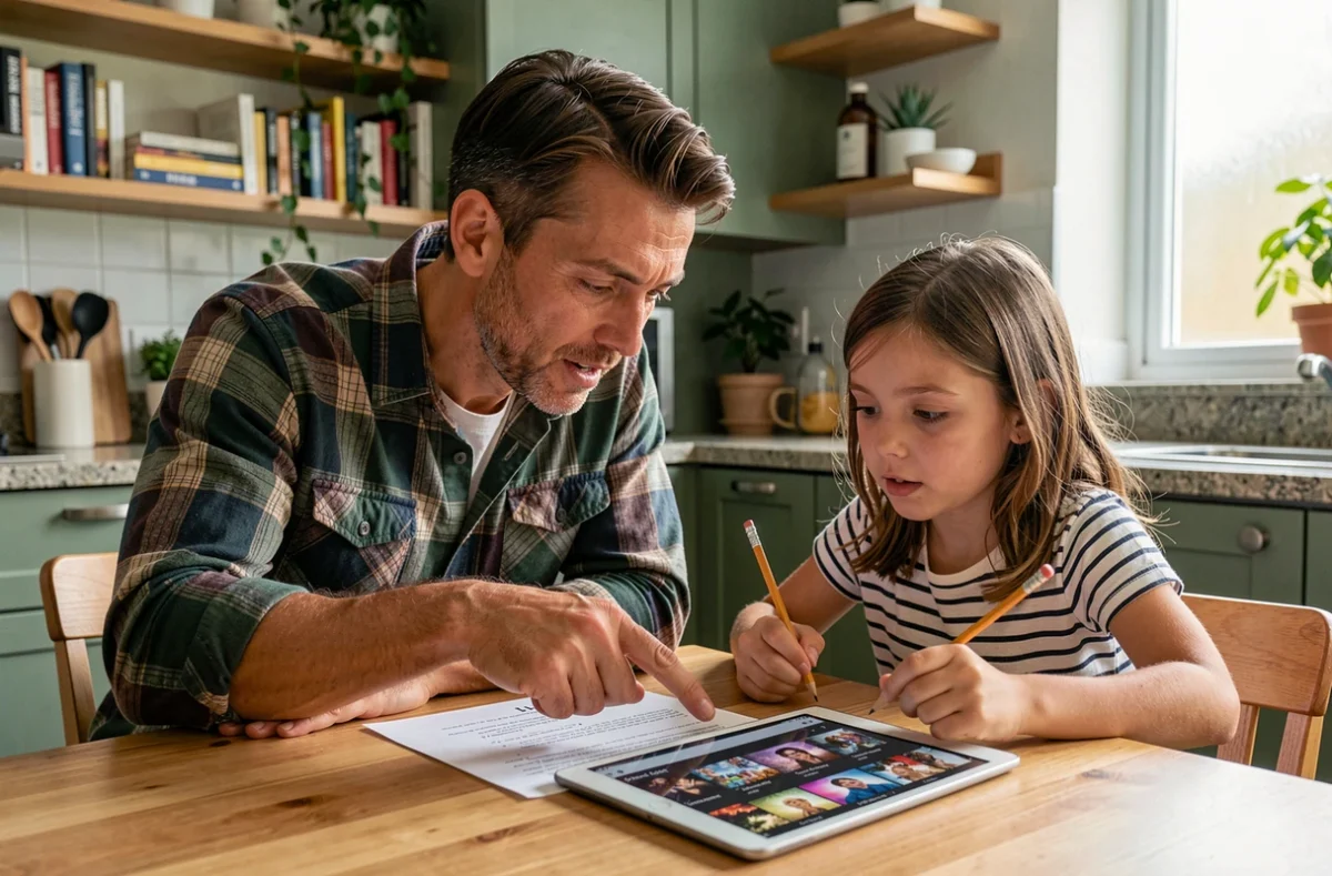 Père et fille planifiant ensemble l'ordre de visionnage des films Batman sur une tablette