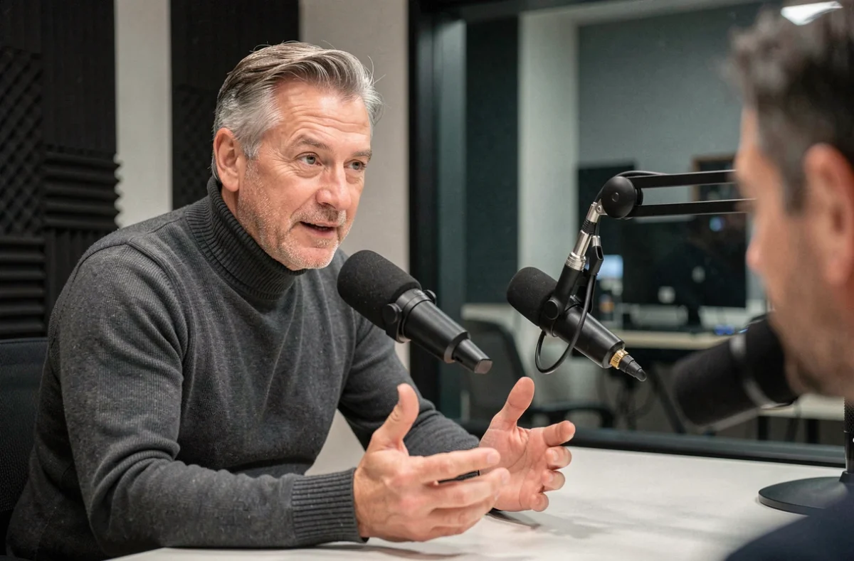 Personnalité médiatique en pleine interview dans un studio de radio moderne, gesticulant avec naturel, illustrant l'art de la parole et l'accent régional