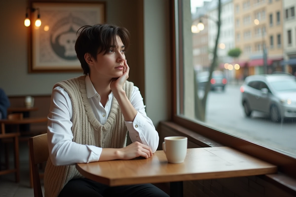 Personne en contemplation dans un café cosy