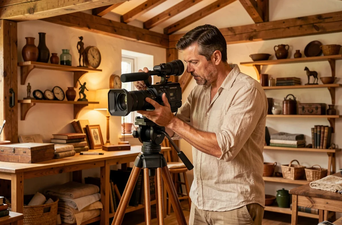 Pierre Atelier, vidéaste dans son atelier chaleureux avec caméra cinéma et décor artisanal