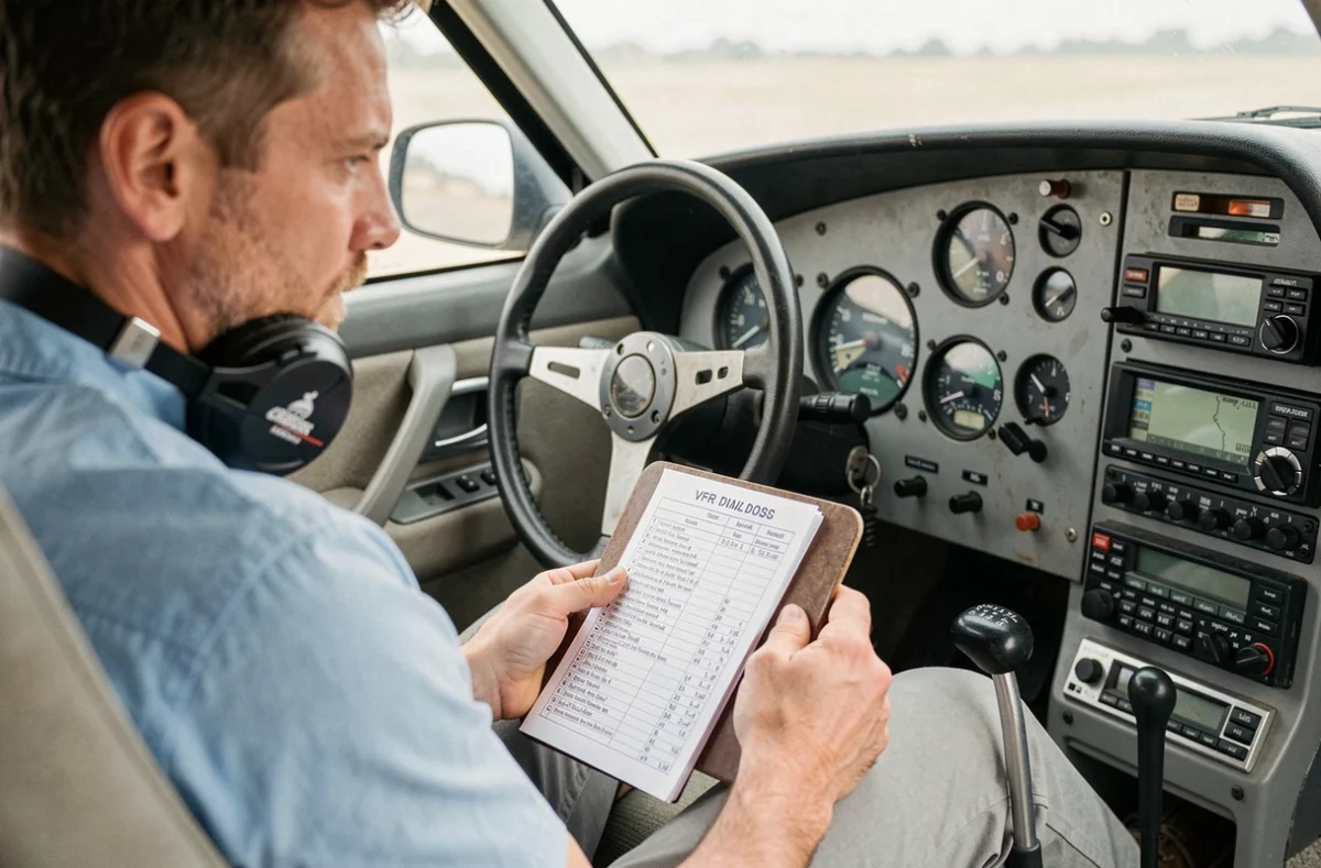 Pilote en cabine d'un Cessna 172 consultant une check-list VFR sur un kneeboard avant le décollage