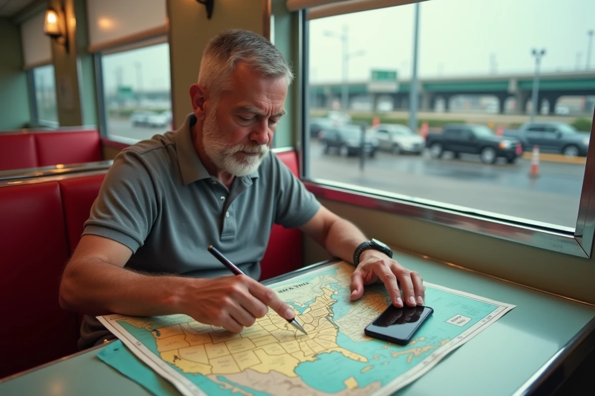 Homme planifiant un itinéraire sur une carte routière des États-Unis avec une application de conversion miles kilomètres dans un diner américain
