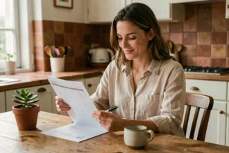 Femme planifiant ses jours fériés et ponts 2026 avec un calendrier imprimé dans une cuisine française