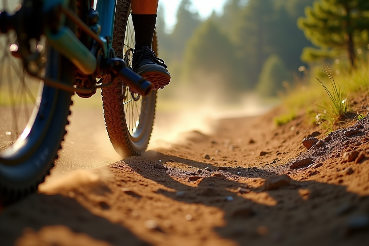 Pneus de VTT sur sentier poussiéreux avec empreintes