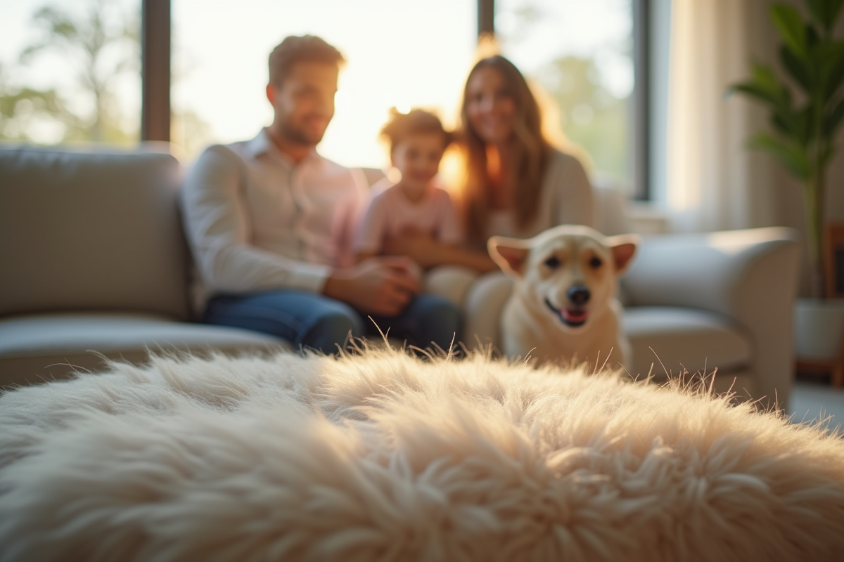 Poils de chien sur un canapé moderne avec famille jouant