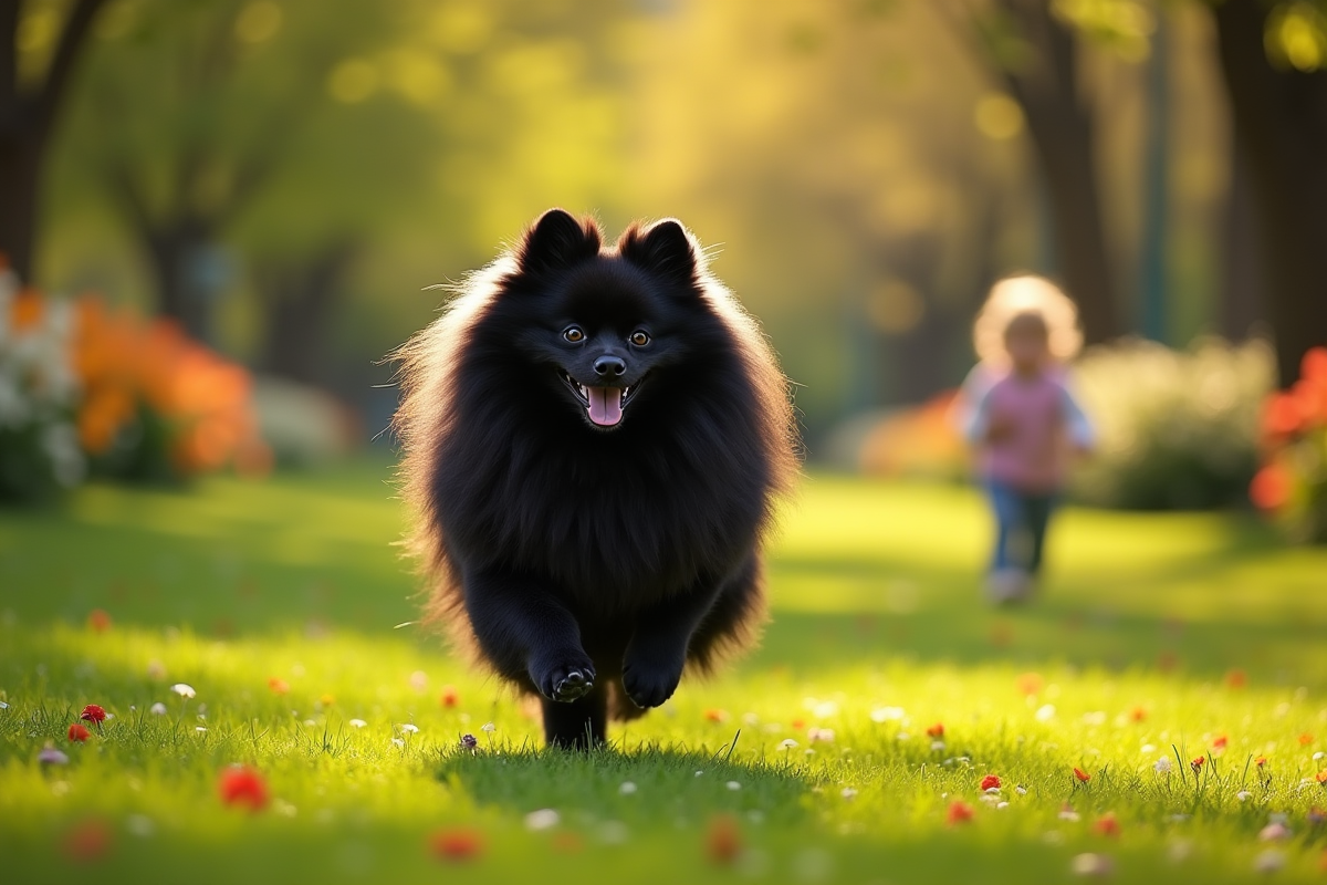 Chien Pomeranian noir courant dans un parc ensoleille avec des fleurs colorées