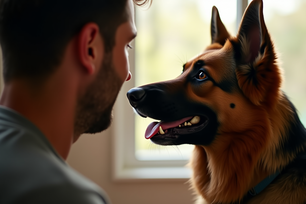 Portrait rapproché d un berger allemand regardant son propriétaire souriant