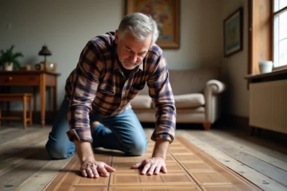 Homme d'âge moyen posant un parquet ancien dans un salon lumineux