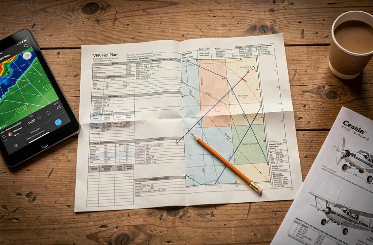 Carte VFR et plan de vol posés sur une table de briefing d'aérodrome avec une tablette météo pour préparer un vol en Cessna 172