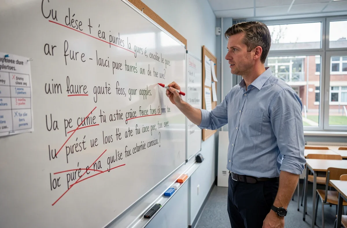 Professeur de français debout devant un tableau blanc avec des phrases corrigées et annotées