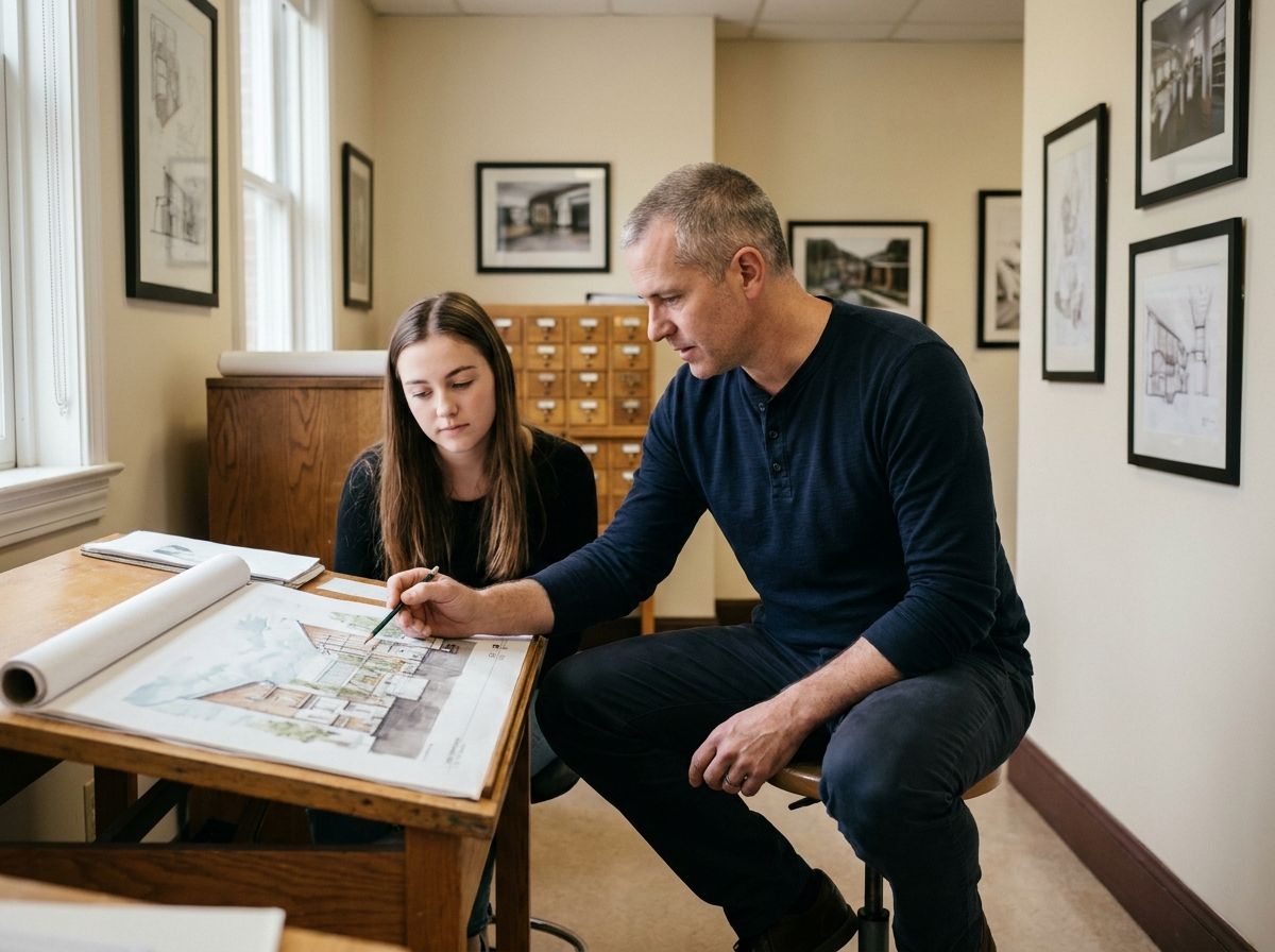 Professeur d'art guidant un étudiant sur un projet de dessin dans les couloirs d'une école de design régionale