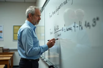 Professeur de physique écrivant la formule du travail d'une force au tableau dans une salle de classe