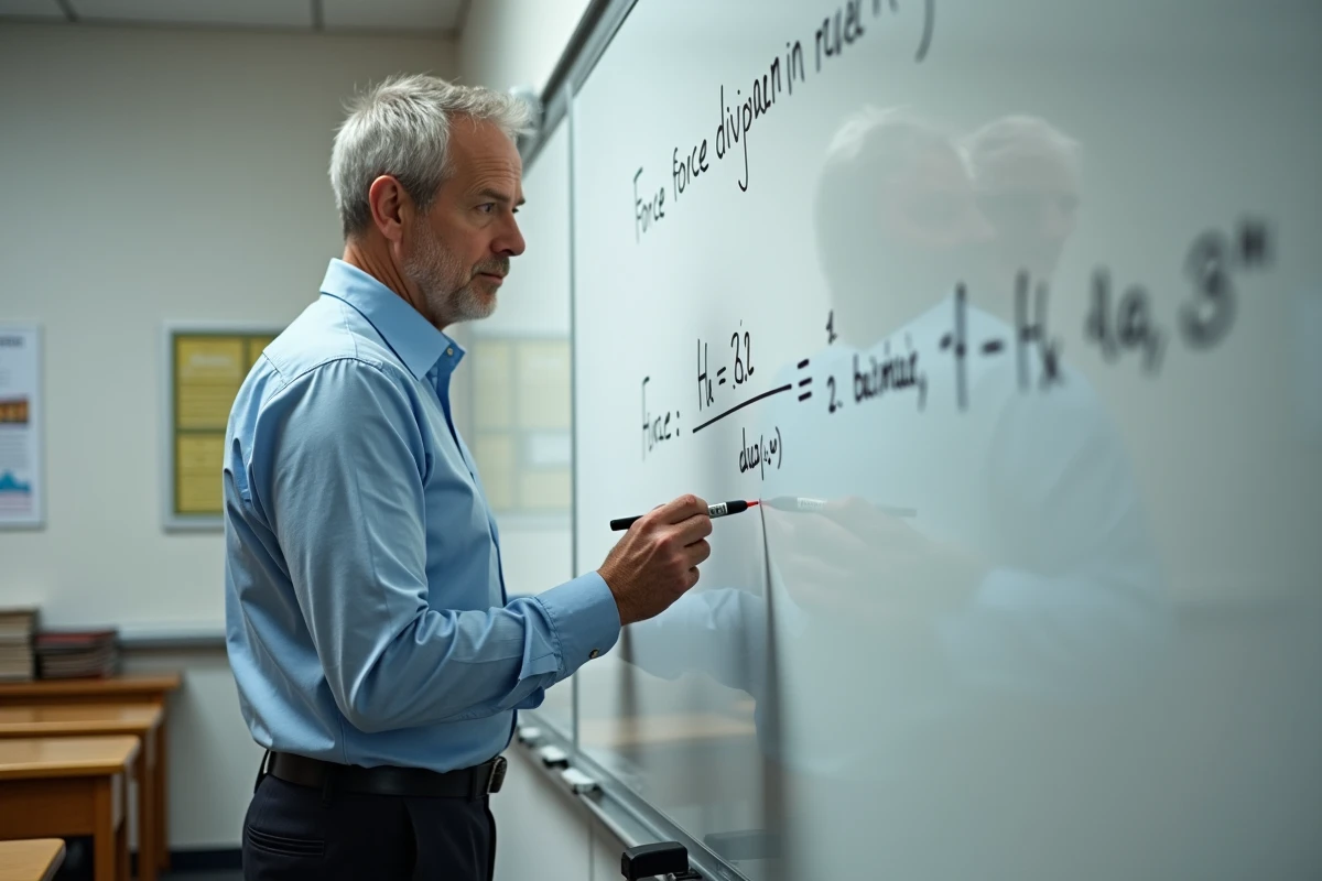 Professeur de physique écrivant la formule du travail d'une force au tableau dans une salle de classe