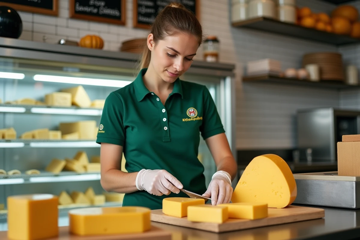 Professionnelle fromagère découpant une roue de manchego dans une épicerie fine espagnole moderne