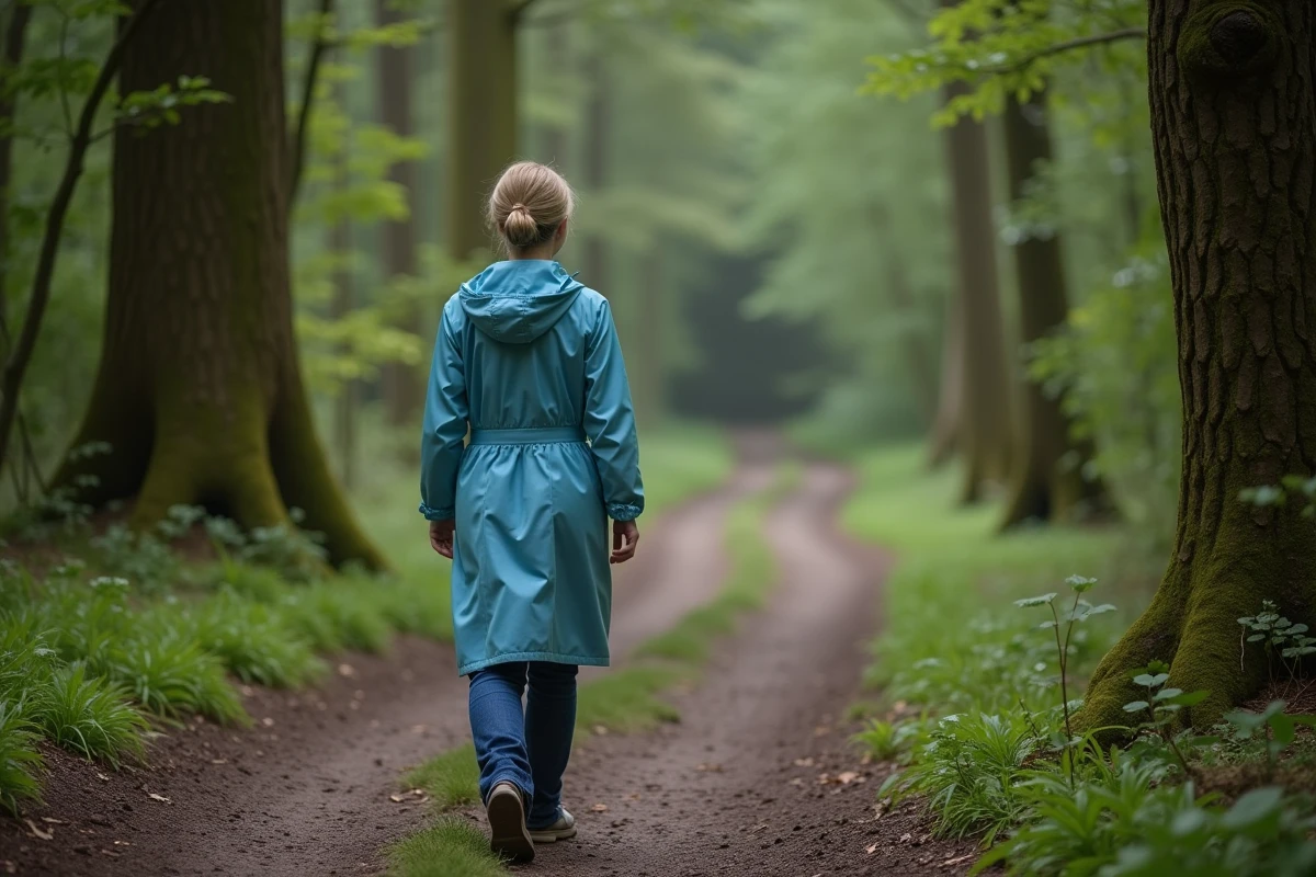Femme marche dans la forêt en raincoat bleu clair