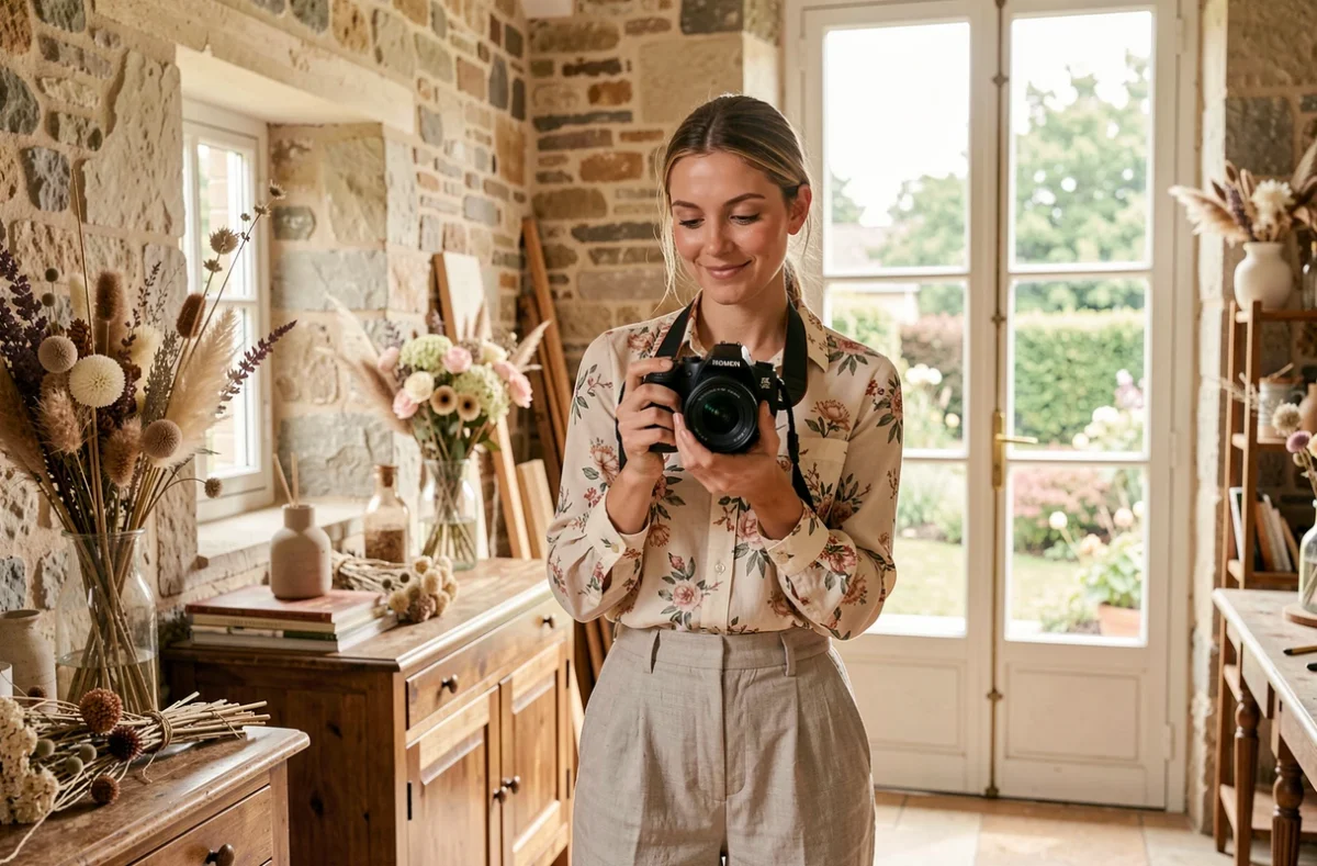 Raphaëlle FAVA, photographe féminine, tenant son appareil photo dans un atelier lumineux aux murs en pierre de Bourgogne