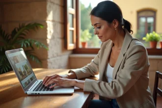 Femme italienne cherchant des annonces immobilières en ligne dans un appartement toscan avec murs en pierre et sol en terre cuite