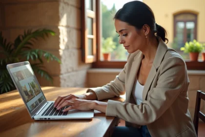 Femme italienne cherchant des annonces immobilières en ligne dans un appartement toscan avec murs en pierre et sol en terre cuite