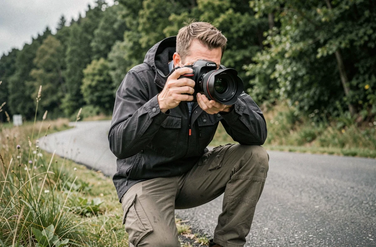 Vidéaste homme accroupi capturant un angle dynamique en extérieur avec un objectif rouge distinctif